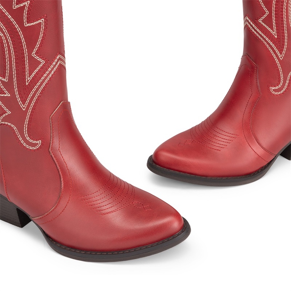 Pointed-Toe Mid-calf Cowgirl Boots - RED - 6