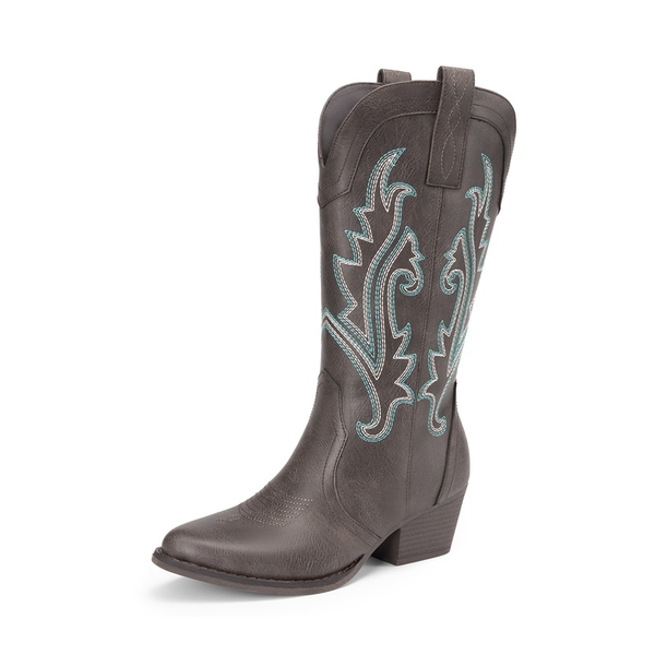 Pointed-Toe Mid-calf Cowgirl Boots - DARK BROWN -  0