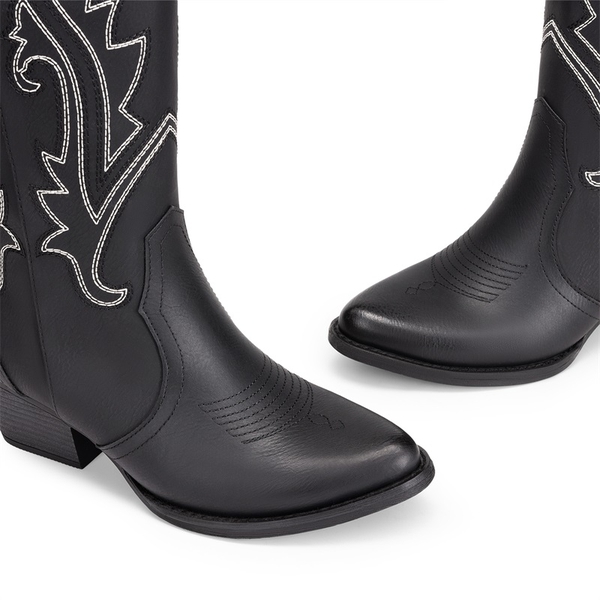Pointed-Toe Mid-calf Cowgirl Boots - BLACK - 6