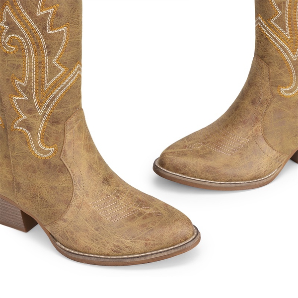 Pointed-Toe Mid-calf Cowgirl Boots - TAN - 6