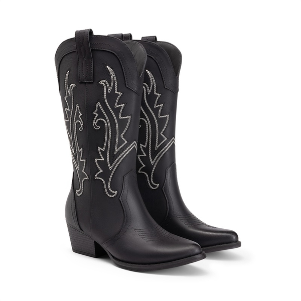Pointed-Toe Mid-calf Cowgirl Boots - BLACK - 5