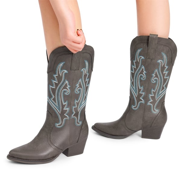 Pointed-Toe Mid-calf Cowgirl Boots - DARK BROWN - 1