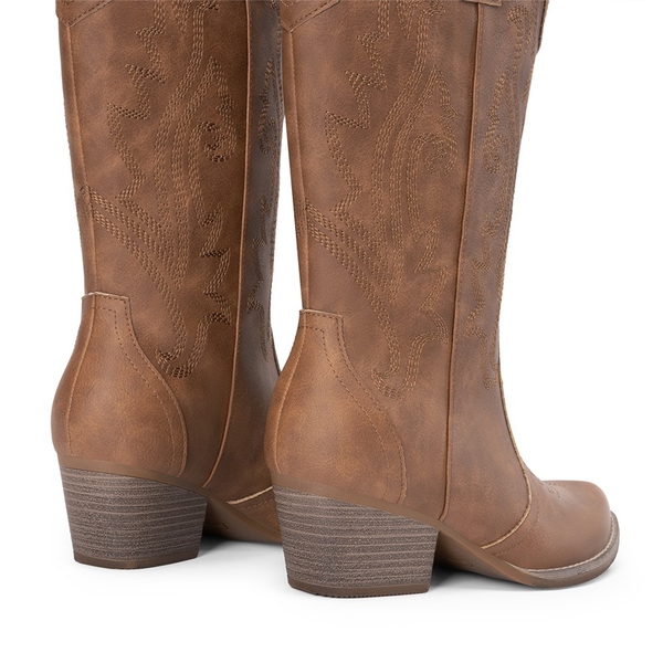 Pointed-Toe Mid-calf Cowgirl Boots - ALL BROWN - 6