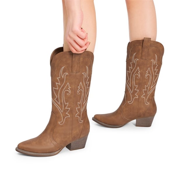 Pointed-Toe Mid-calf Cowgirl Boots - BROWN - 1