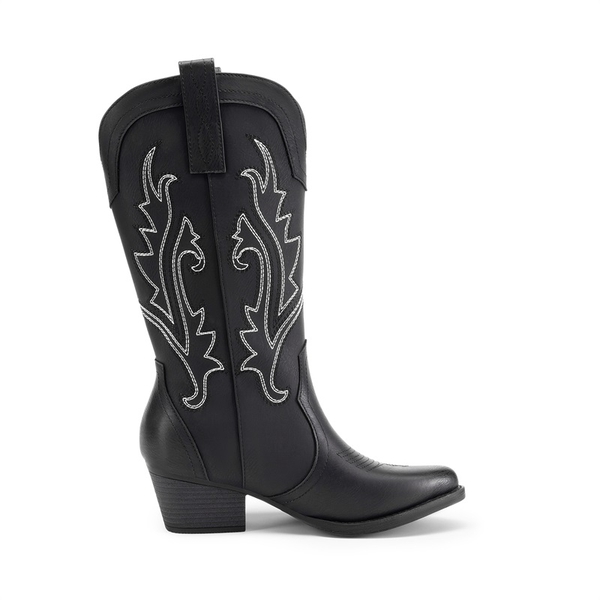 Pointed-Toe Mid-calf Cowgirl Boots - BLACK - 3