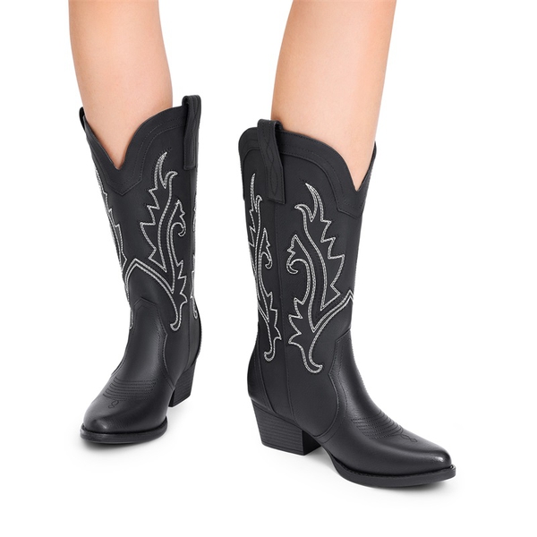 Pointed-Toe Mid-calf Cowgirl Boots - BLACK - 2