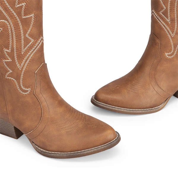 Pointed-Toe Mid-calf Cowgirl Boots - BROWN - 6