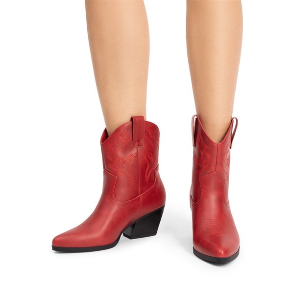 Western-style Cowboy Ankle Boots - RED - 1