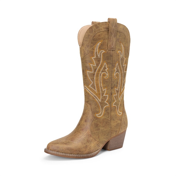 Pointed-Toe Mid-calf Cowgirl Boots - TAN -  0