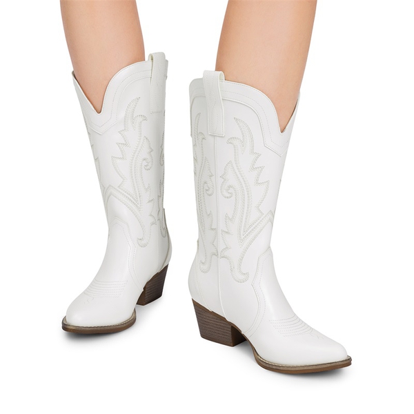 Pointed-Toe Mid-calf Cowgirl Boots - WHITE - 2