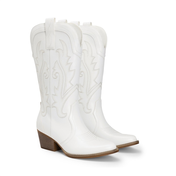 Pointed-Toe Mid-calf Cowgirl Boots - WHITE - 5