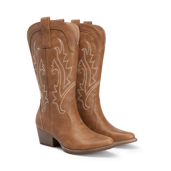 Pointed-Toe Mid-calf Cowgirl Boots - BROWN - 5