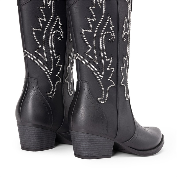 Pointed-Toe Mid-calf Cowgirl Boots - BLACK - 7
