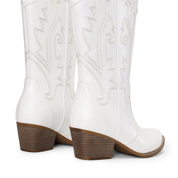 Pointed-Toe Mid-calf Cowgirl Boots - WHITE - 7