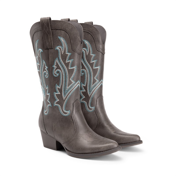 Pointed-Toe Mid-calf Cowgirl Boots - DARK BROWN - 5