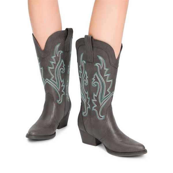 Pointed-Toe Mid-calf Cowgirl Boots - DARK BROWN - 2