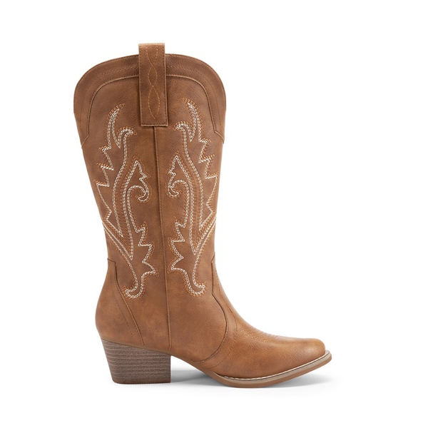 Pointed-Toe Mid-calf Cowgirl Boots - BROWN - 3