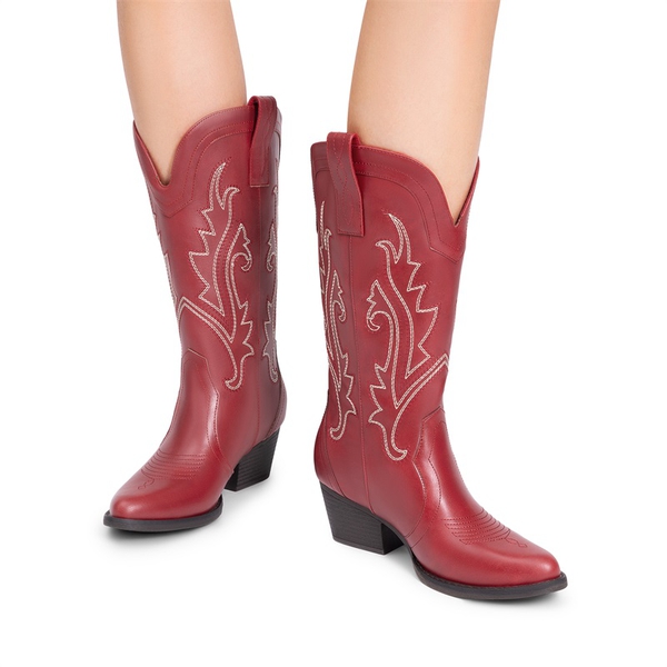 Pointed-Toe Mid-calf Cowgirl Boots - RED - 2