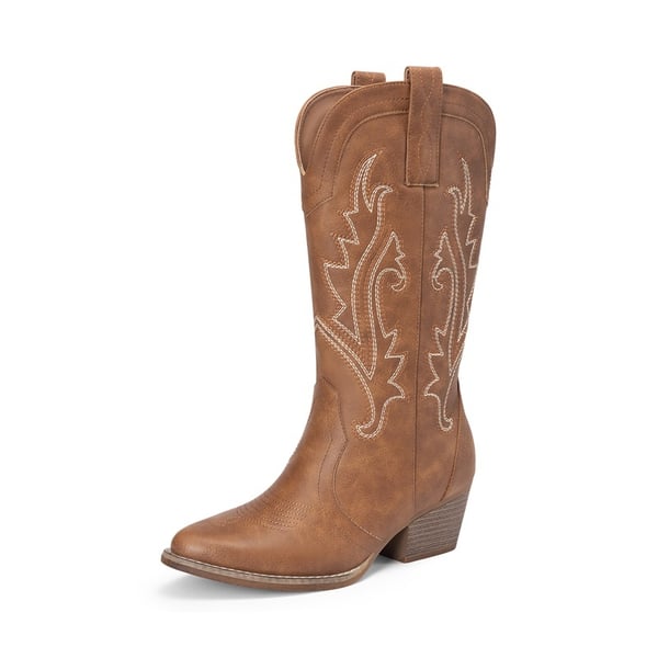 Pointed-Toe Mid-calf Cowgirl Boots - BROWN -  0