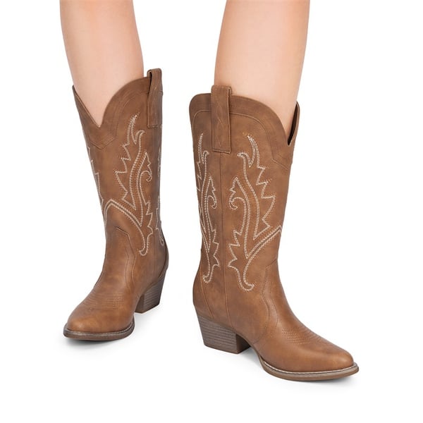 Pointed-Toe Mid-calf Cowgirl Boots - BROWN - 2