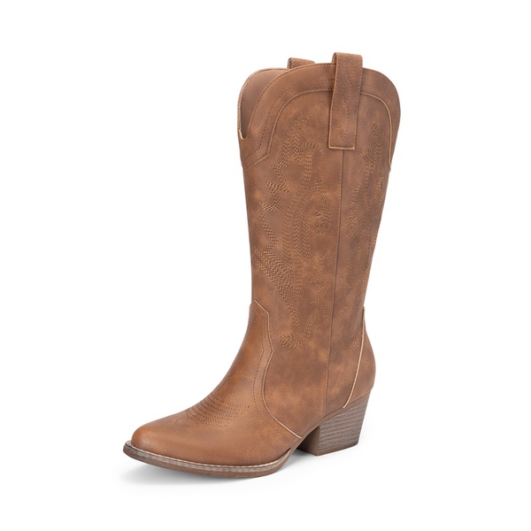 Pointed-Toe Mid-calf Cowgirl Boots - ALL BROWN -  0