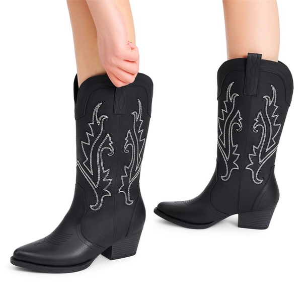 Pointed-Toe Mid-calf Cowgirl Boots - BLACK - 1