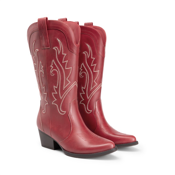 Pointed-Toe Mid-calf Cowgirl Boots - RED - 5
