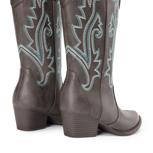 Pointed-Toe Mid-calf Cowgirl Boots - DARK BROWN - 7