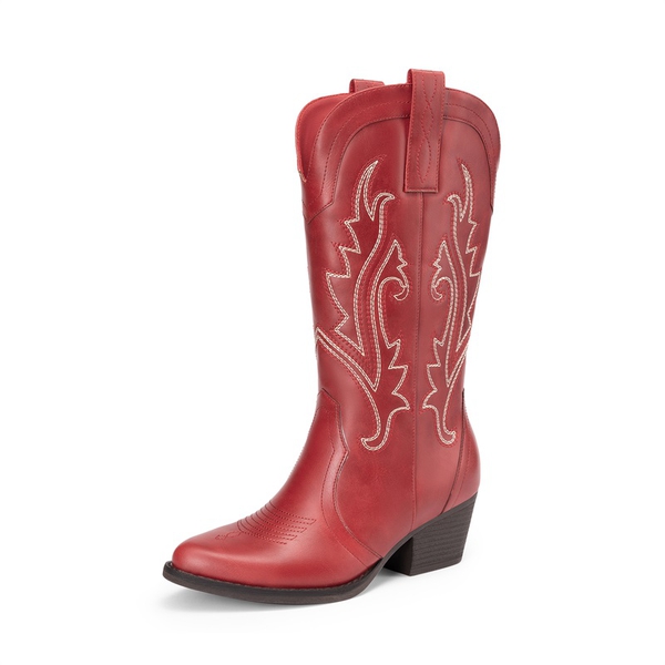 Pointed-Toe Mid-calf Cowgirl Boots - RED -  0