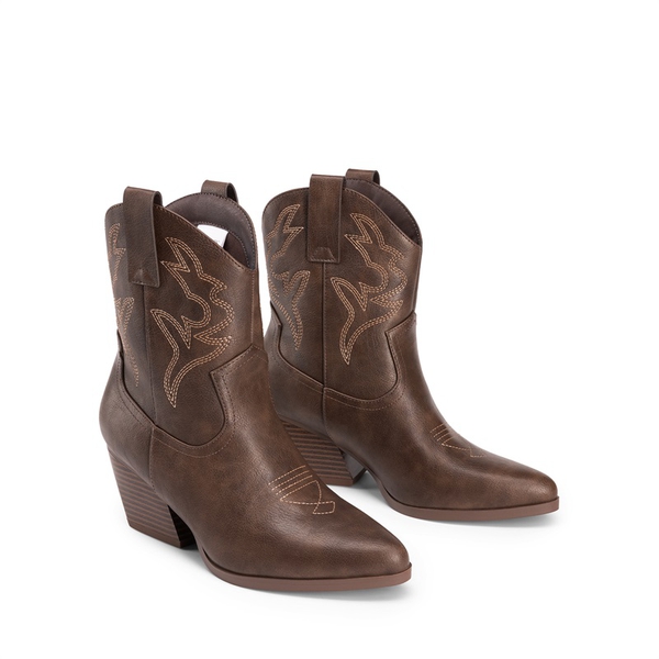 Women’s Vegan Leather Cowgirl Ankle Boots - BROWN - 4