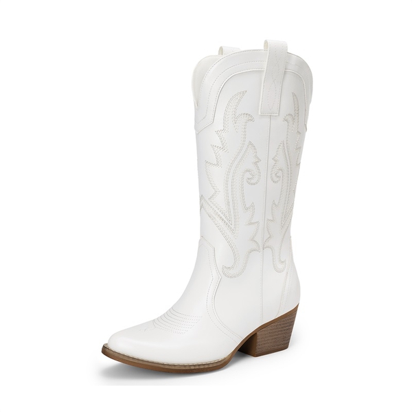 Pointed-Toe Mid-calf Cowgirl Boots - WHITE -  0