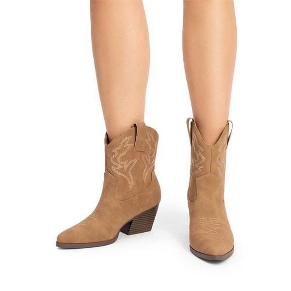 Western-style Cowboy Ankle Boots - TAN - 1