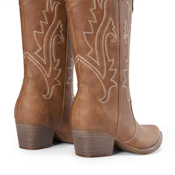 Pointed-Toe Mid-calf Cowgirl Boots - BROWN - 7