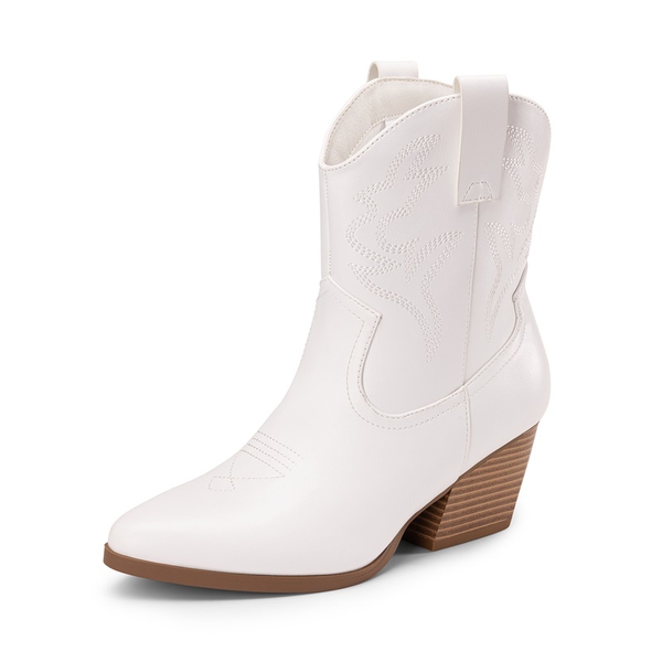 Women’s Vegan Leather Cowgirl Ankle Boots - WHITE -  0