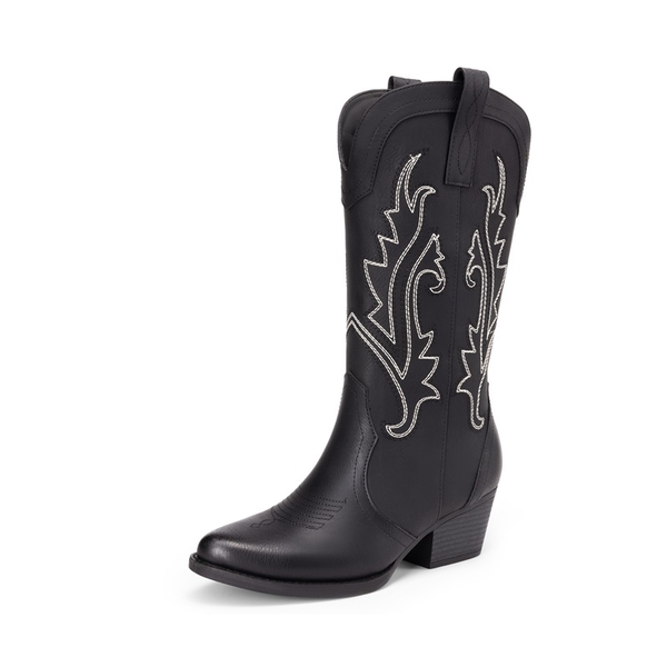 Pointed-Toe Mid-calf Cowgirl Boots - BLACK -  0
