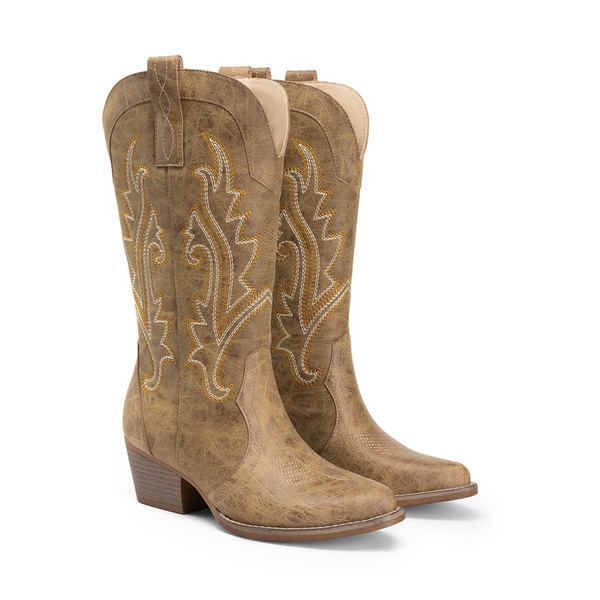Pointed-Toe Mid-calf Cowgirl Boots - TAN - 5