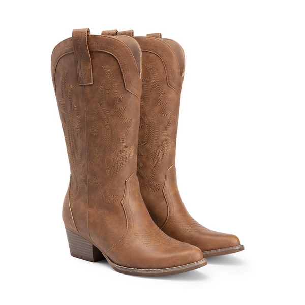 Pointed-Toe Mid-calf Cowgirl Boots - ALL BROWN - 7