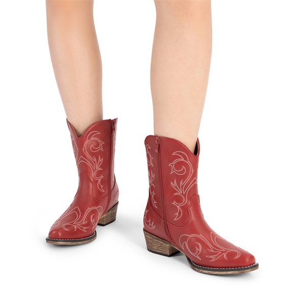 Square-toe Western Short Cowgirl Boots - RED - 1