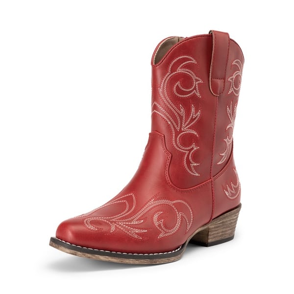 Square-toe Western Short Cowgirl Boots - RED -  0