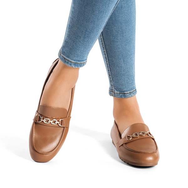 Comfortable Metallic Slip On Loafers - BROWN-PU - 1