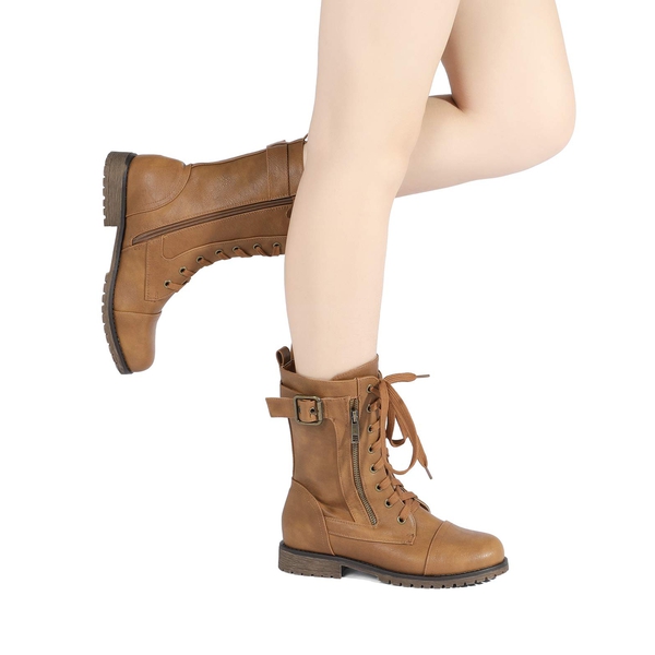 Winter Mid Calf Lace Up Boots - CAMEL - 6