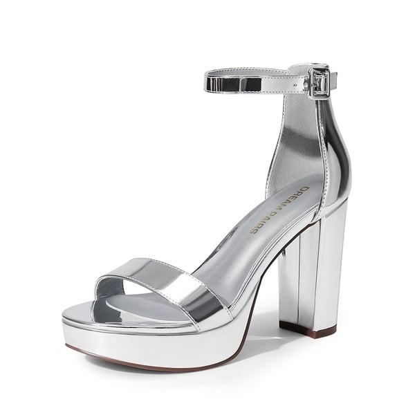 Chunky Heel Platform Ankle Strap Sandals - SILVER-PAT -  0