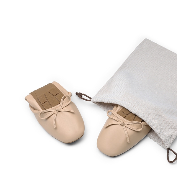 Foldable Square Toe Bow Ballet Flats - NUDE - 4