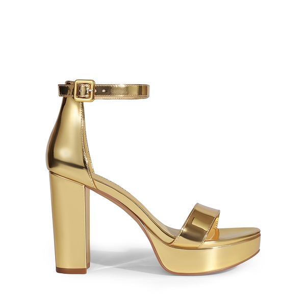 Chunky Heel Platform Ankle Strap Sandals - GOLD-PAT - 1
