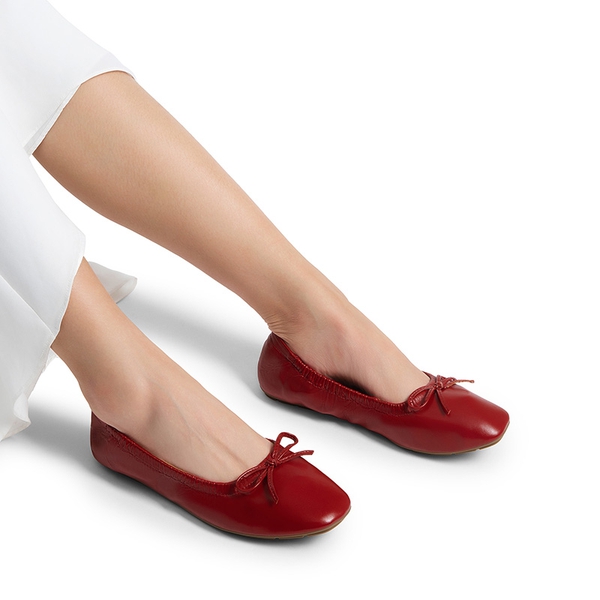 Foldable Square Toe Bow Ballet Flats - RED-PU - 6