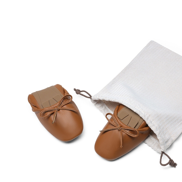 Foldable Square Toe Bow Ballet Flats - BROWN - 4