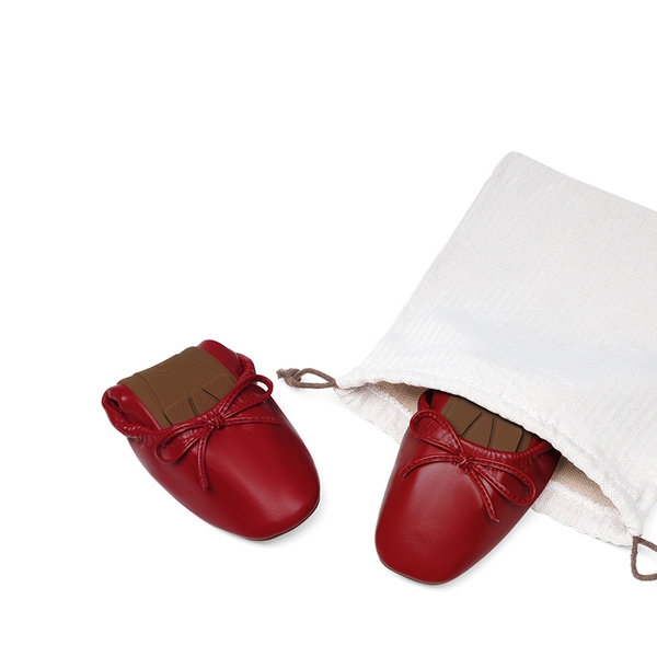 Foldable Square Toe Bow Ballet Flats - RED-PU - 4