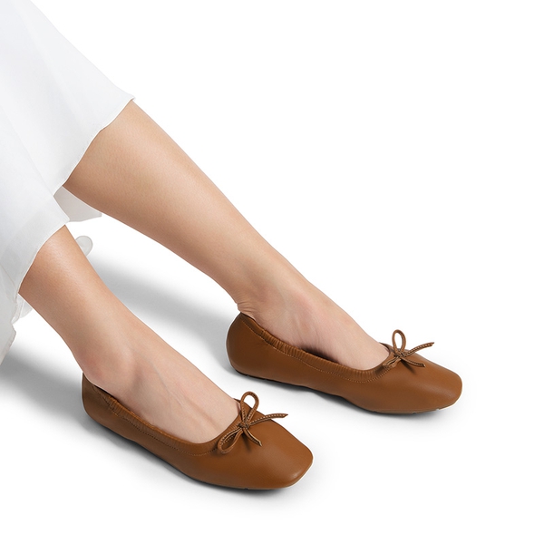 Foldable Square Toe Bow Ballet Flats - BROWN - 6