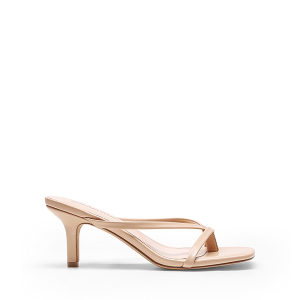Slip-On Square Toe Thong Heeled Sandals - NUDE - 2