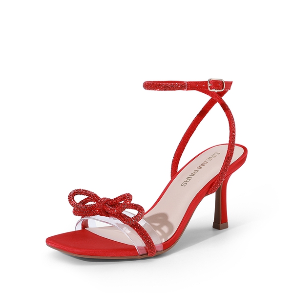 Ankle Strap Crystal Rhinestone Heels - RED-SATIN -  0